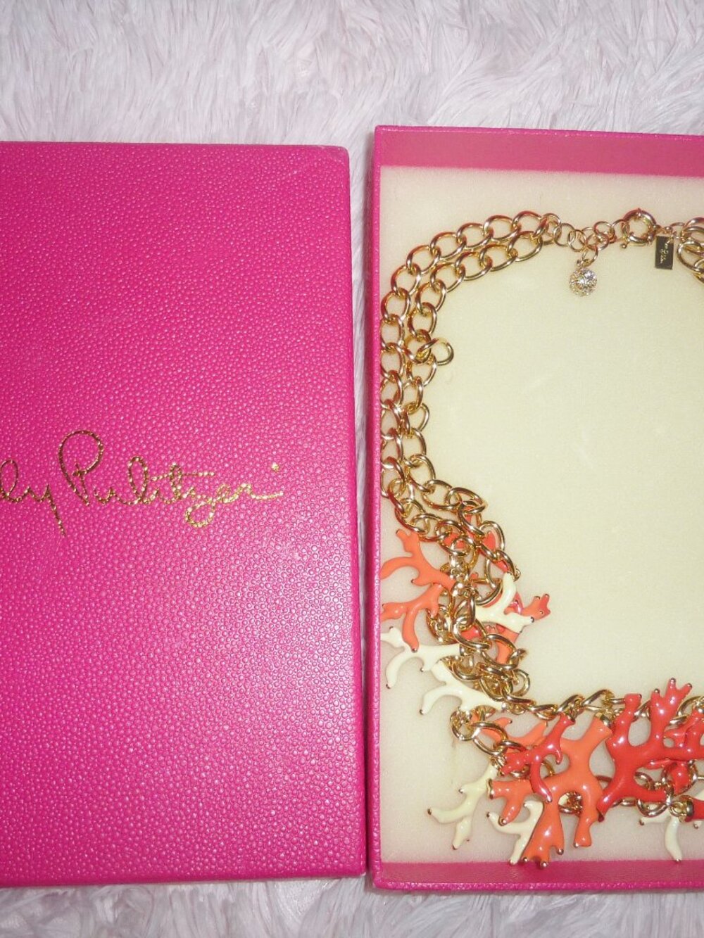 Good Reef Coral Necklace LILLY PULITZER Enamel Coral Necklace Gold Double Strand - Picture 2 of 8